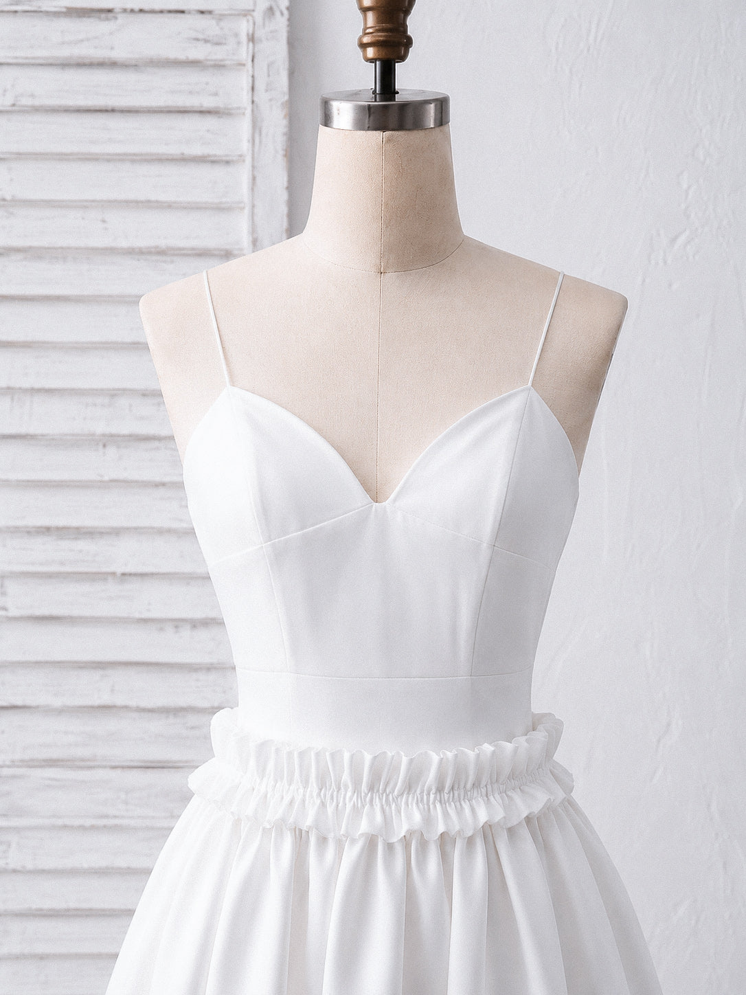 Simple V Neck Satin Tea Length White Prom Dress