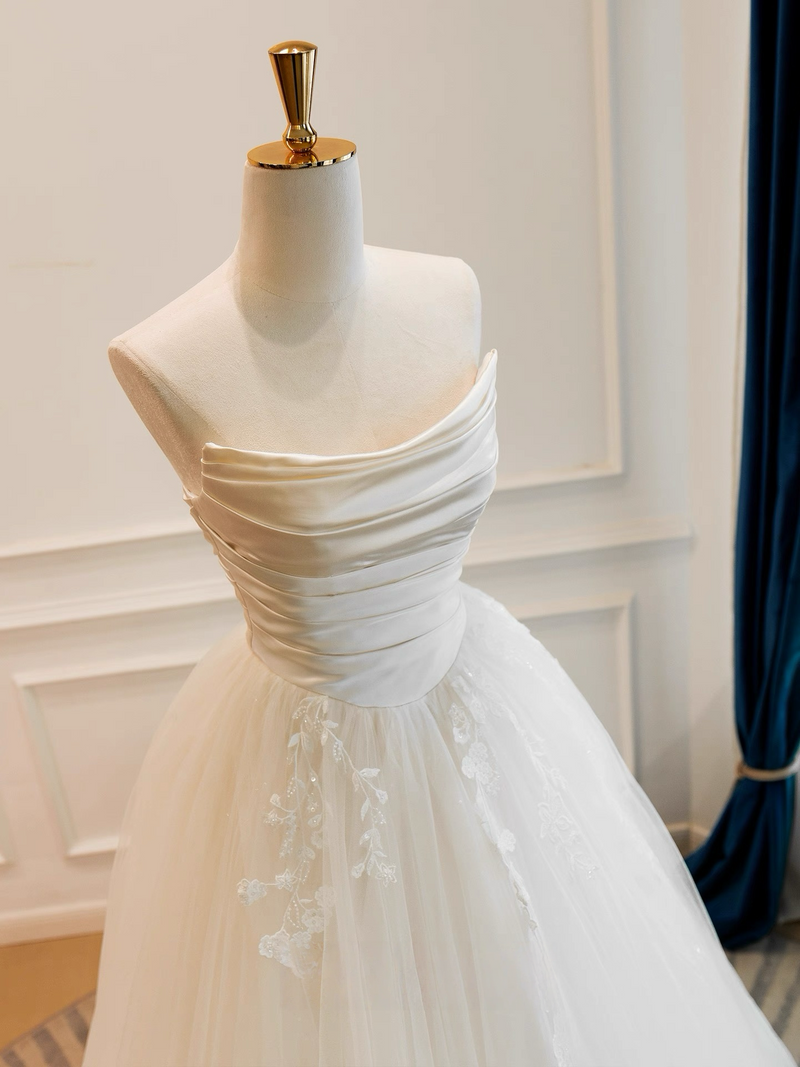 A-Line Satin Tulle ivory Long Prom Dress, ivory Long Formal Dress