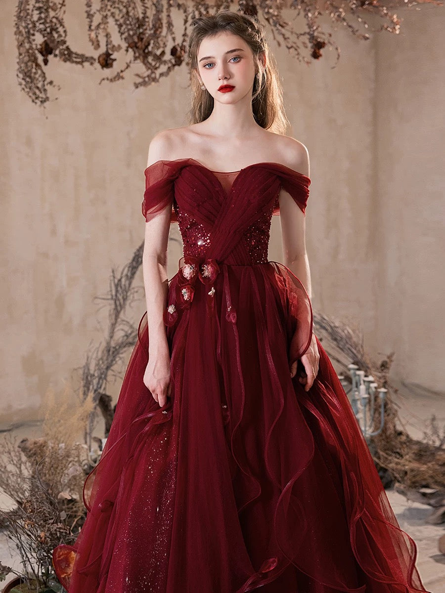 Off the Shoulder Burgundy Tulle Floral Prom Dresses, Wine Red Tulle Floral Formal Evening Dresses, US 16 / Burgundy as Pics / With Rush+$19.99