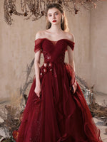 A-Line Off Shoulder Tulle Burgundy Long Prom Dress, Burgundy Long Evening Dress