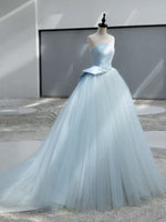 A-Line Tulle Blue Long Prom Dress, Blue Tulle Long Formal Dress