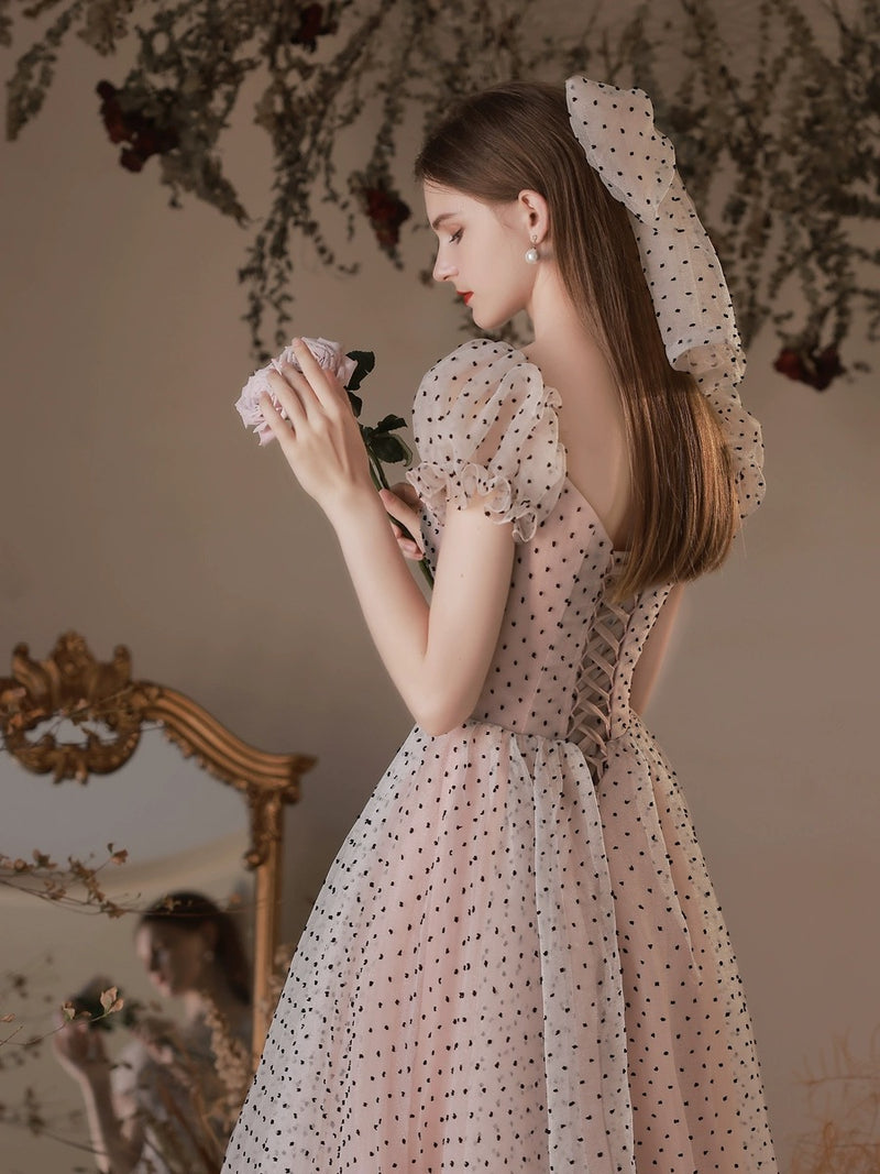 A-Line Short Sleeves Polka Dots Tulle Long Prom Dress With Bow