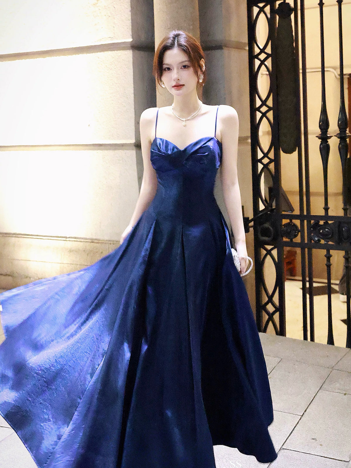 A-line Sweetheart Neck Floor Length Blue Prom Dress
