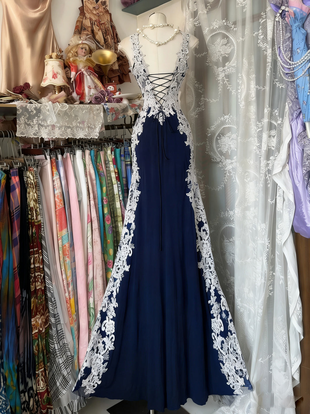 Mermaid Sweetheart Floor Length Taffeta Dark Blue Prom Dress – shopluu