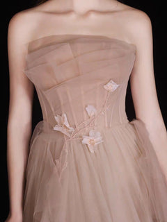 Champagne A-Line Tulle Long Prom Dress, Champagne Long Formal Dress