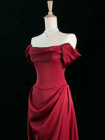 A-Line Off Shoulder Satin Burgundy Long Prom Dress, Burgundy Long Formal Dress