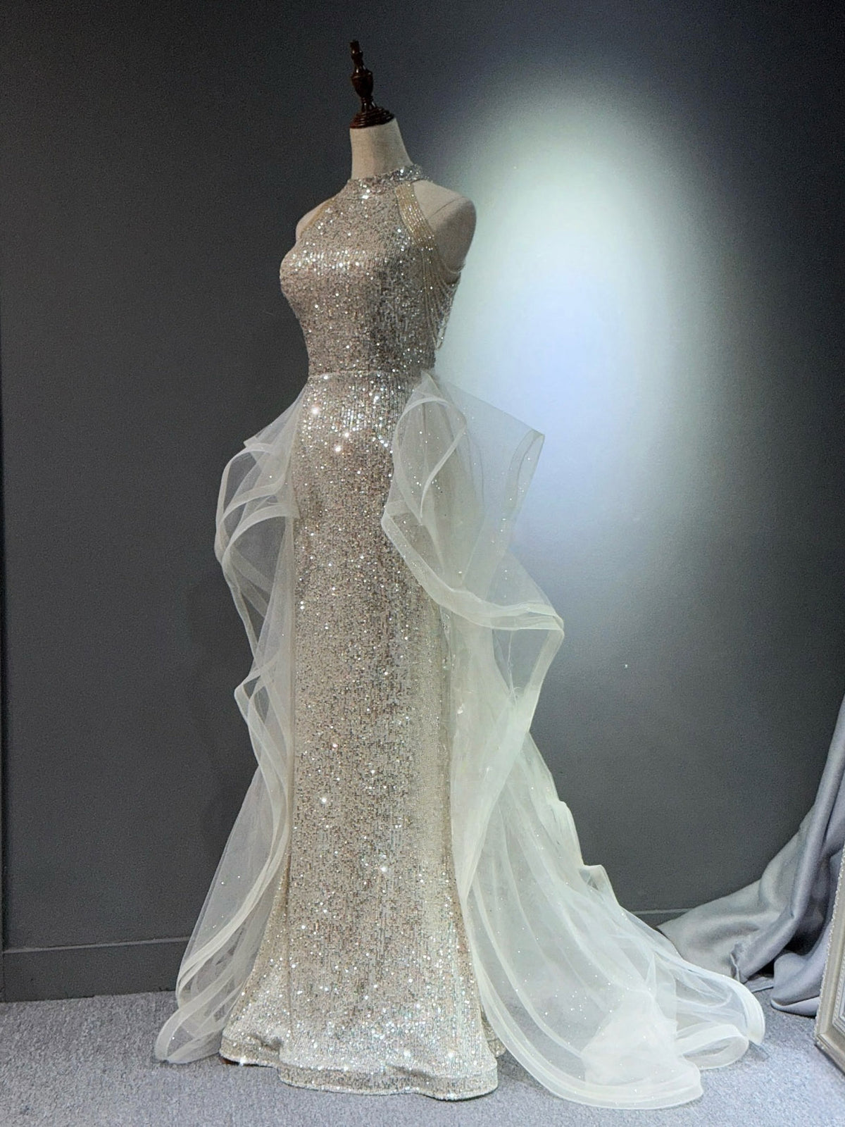 A-Line Tulle Sequin Sweep Train Light Champagne Long Prom Dress with Beads