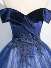 A-Line Off Shoulder Tulle Lace Blue Long Prom Dress, Blue Long Formal Dress