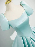 A-Line Puff Sleeves Satin Mint Blue Long Prom Dress, Mint Blue Long Formal Dress