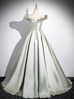 A-Line Off Shoulder Satin Light Green Long Prom Dress, Green Long Formal Dress