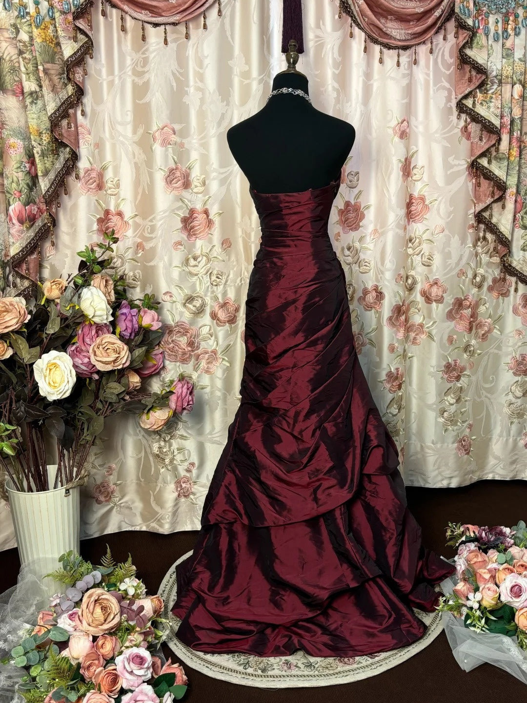 A-Line Sweetheart Taffeta Burgundy Long Prom Dress