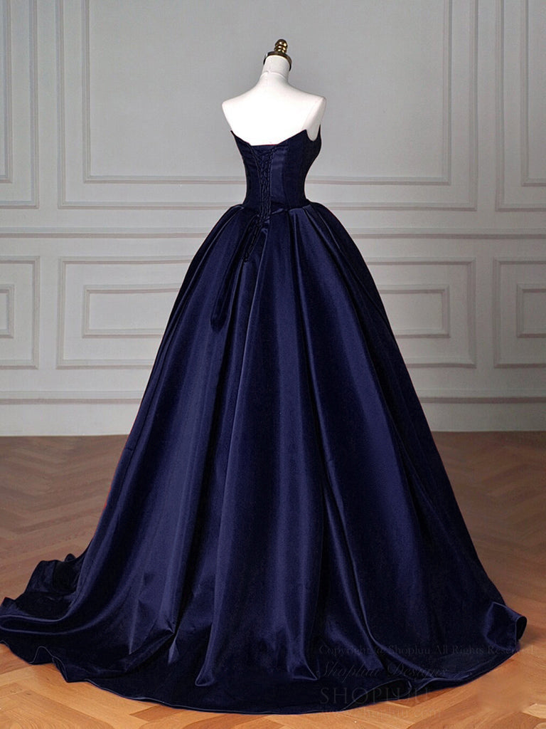 A-Line Off Shoulder Satin Dark Blue Long Prom Dress, Dark Blue Long Fo – shopluu