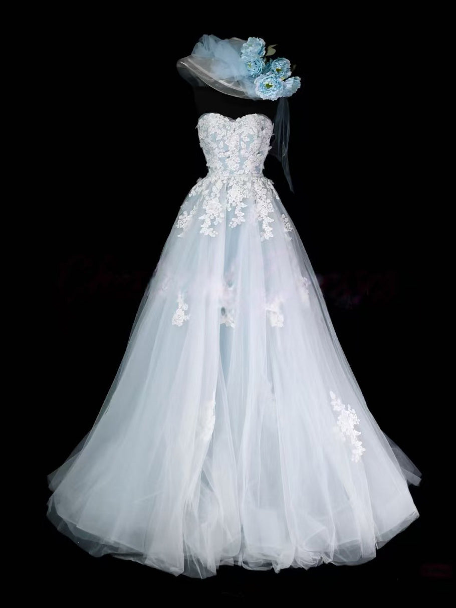 A-Line Sweetheart Neck Tulle Lace Light Blue Long Prom Dress