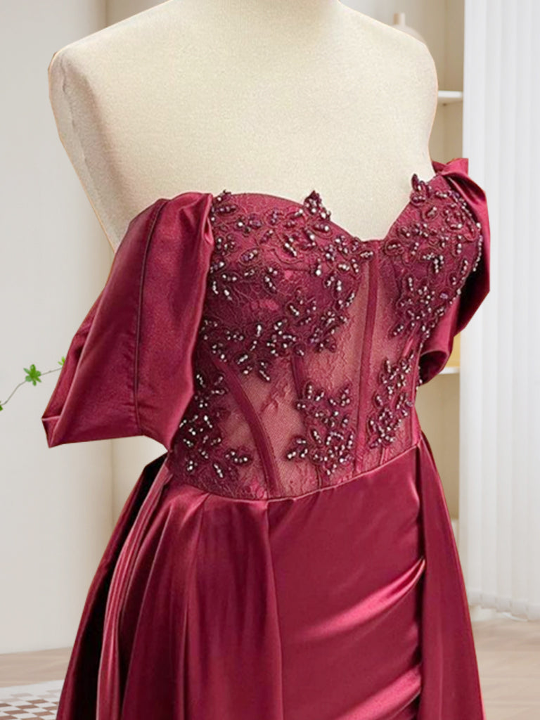 Burgundy A-Line Off Shoulder Satin Lace Long Prom Dress, Burgundy Long Formal Dress