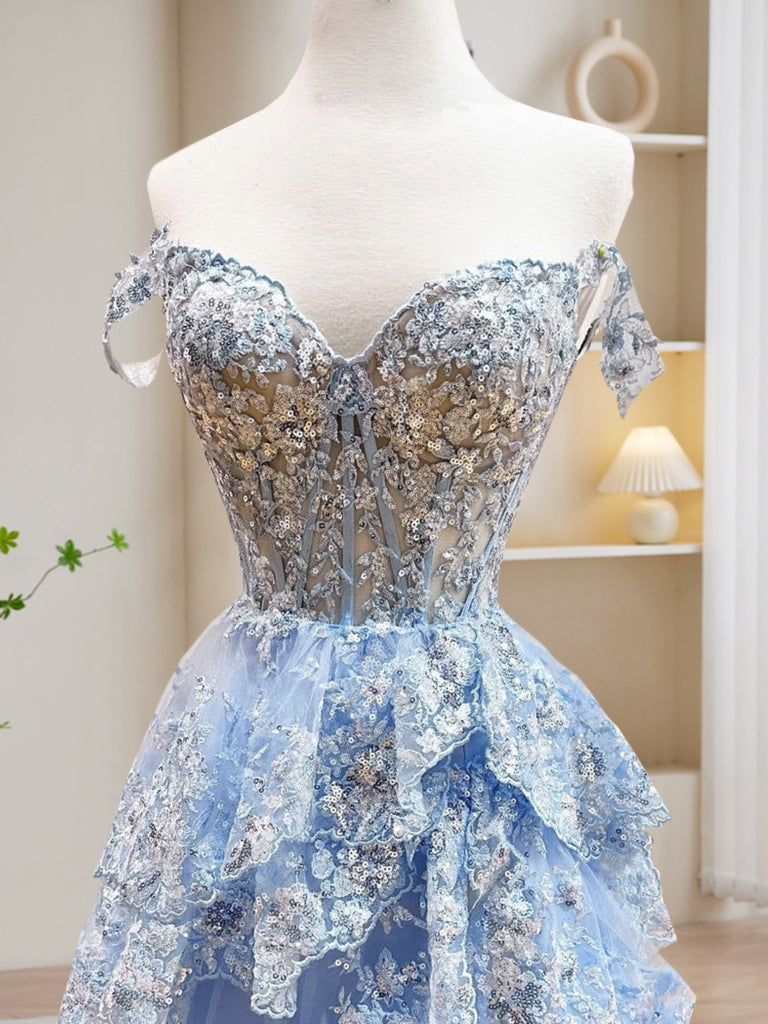 A-Line Tulle Sequin Blue Long Prom Dress, Blue Sequin Long Formal Dress