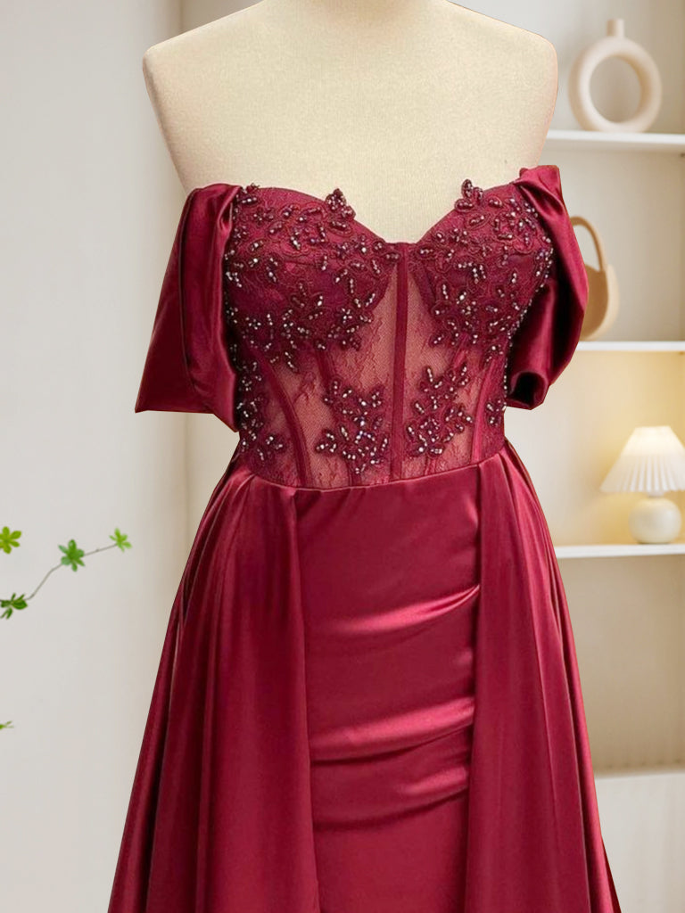 Burgundy A-Line Off Shoulder Satin Lace Long Prom Dress, Burgundy Long Formal Dress