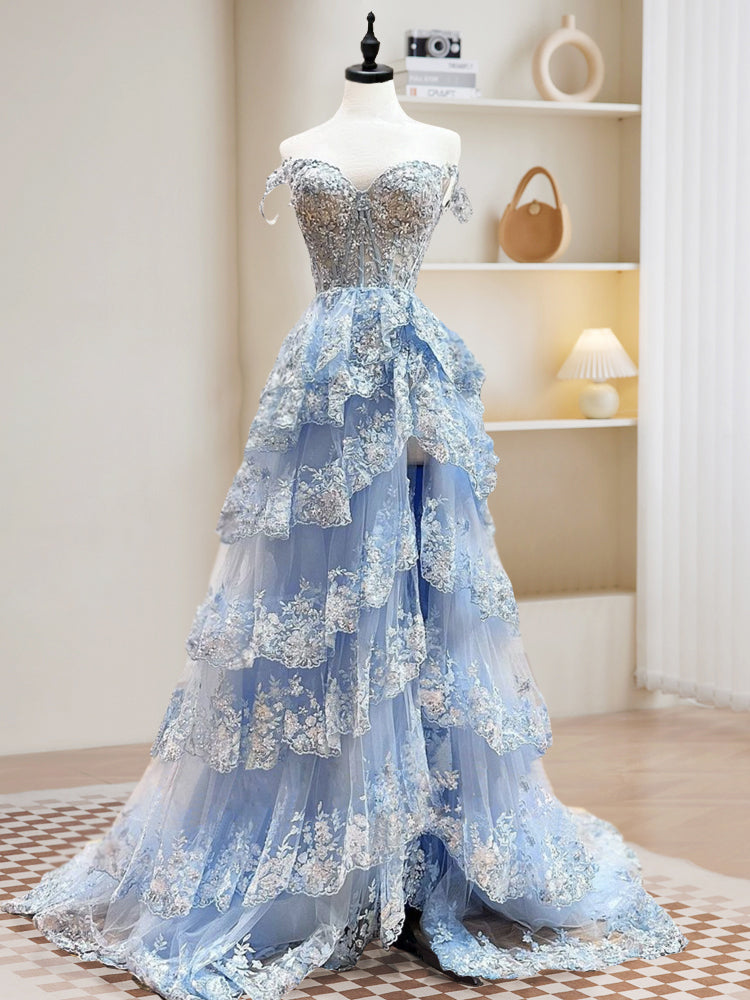A-Line Tulle Sequin Blue Long Prom Dress, Blue Sequin Long Formal Dress