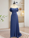 Simple Off Shoulder Gray Blue Long Prom Dress, Gray Blue Long Formal Dress