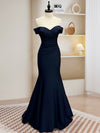 Mermaid Satin Dark Blue Long Prom Dress, Dark Blue Long Formal Dress