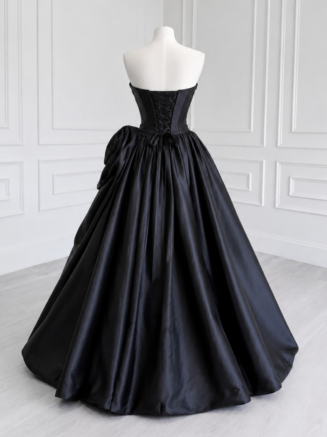 A-line Spoon Neck Satin Black Long Prom Dress, Black Formal Dress