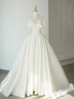 A-Line V Neck Satin ivory Long Prom Dress, ivory Long Formal Dress