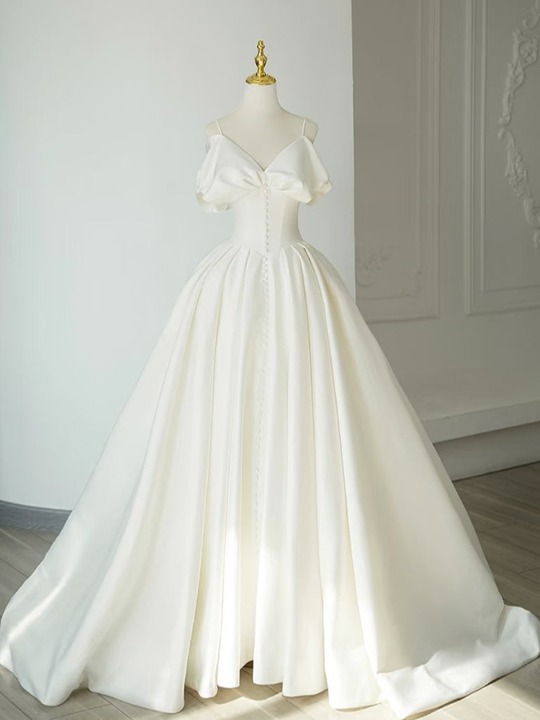 A-Line V Neck Satin ivory Long Prom Dress, ivory Long Formal Dress