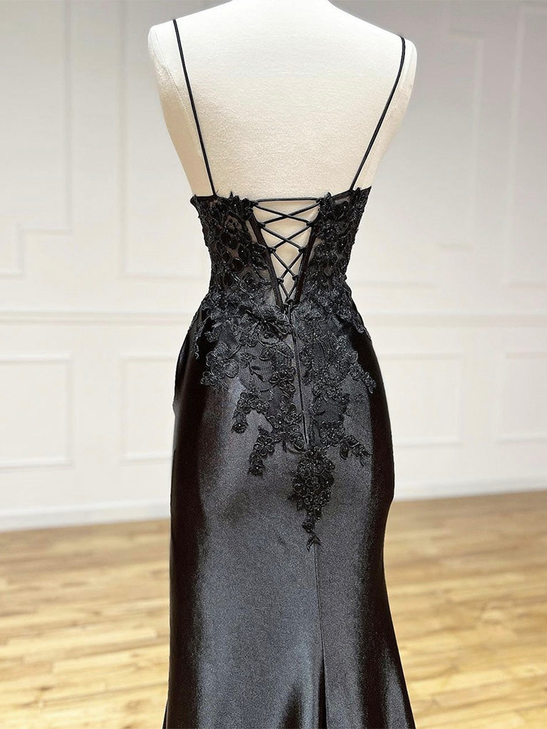 Black V Neck Satin Lace Long Prom Dress, Black Lace Long Evening Dress