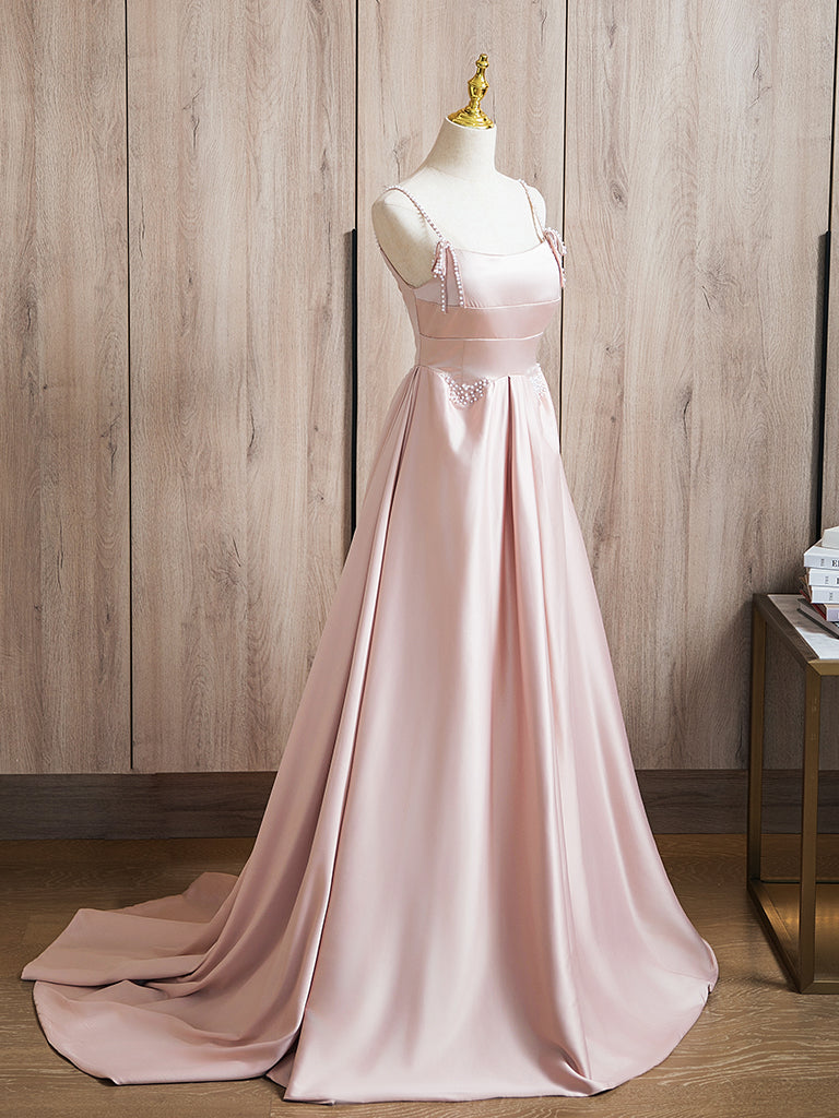 A-Line Beads Satin Pink Long Prom Dress, Pink Long Formal Dress