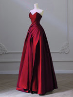 A-Line V Neck Satin Burgundy Long Prom Dress, Burgundy Long Formal Dress