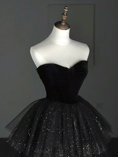 A-Line Sweetheart Neck Tulle Velvet Black Long Prom Dress, Black Evening Dress