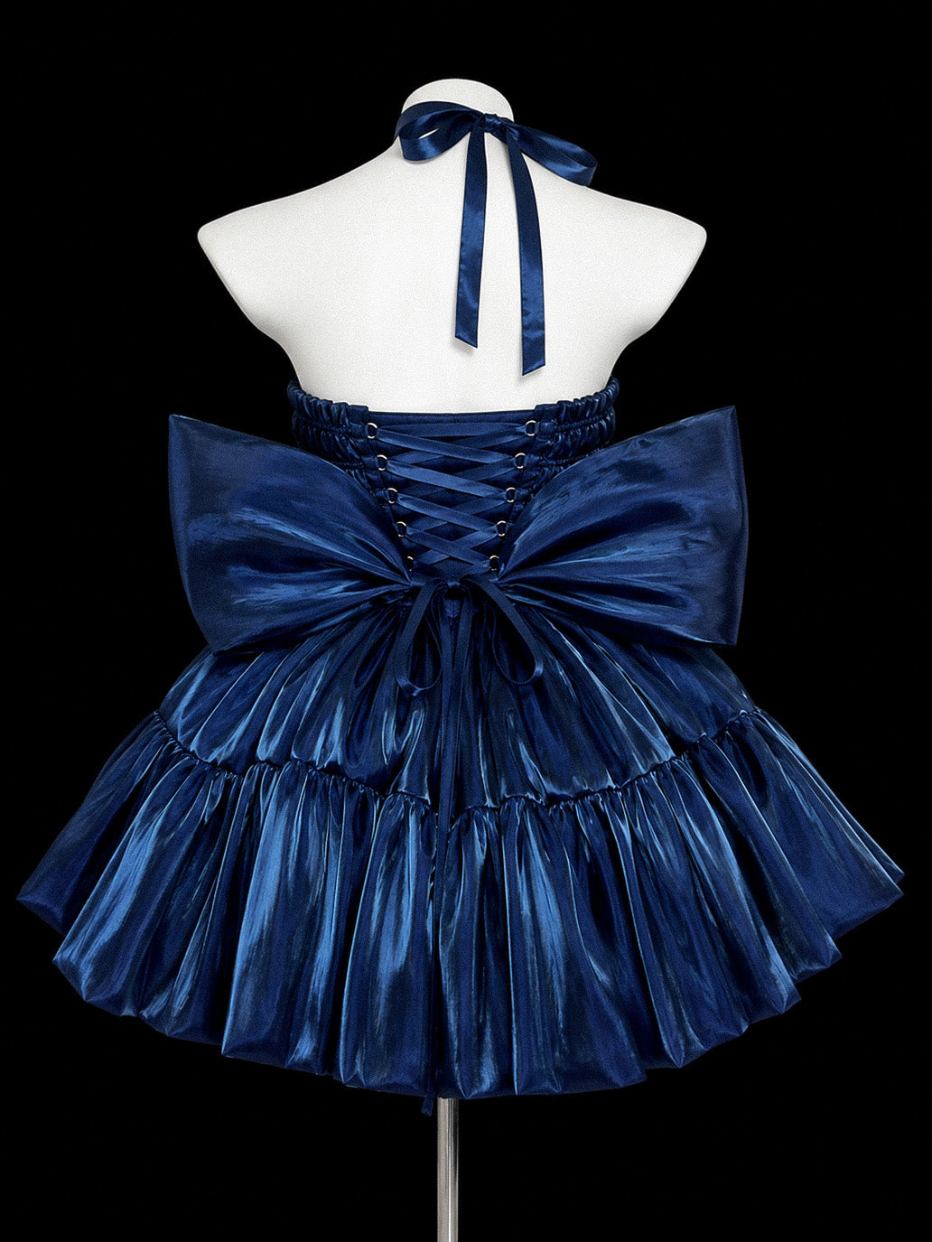 Unique A-line Satin Dark Blue Short Prom Dress with Bow