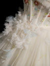 A-Line Sweetheart Neck Tulle Lace Light Champagne Long Prom Dress with Flower