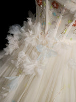 A-Line Sweetheart Neck Tulle Lace Light Champagne Long Prom Dress with Flower