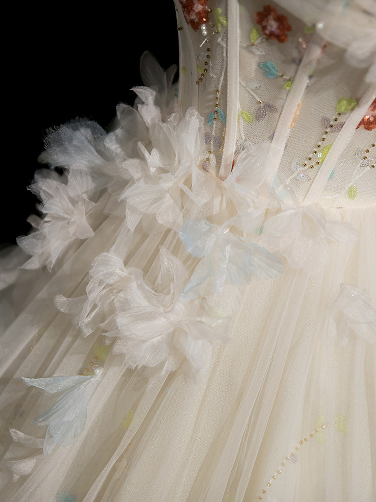 A-Line Sweetheart Neck Tulle Lace Light Champagne Long Prom Dress with Flower