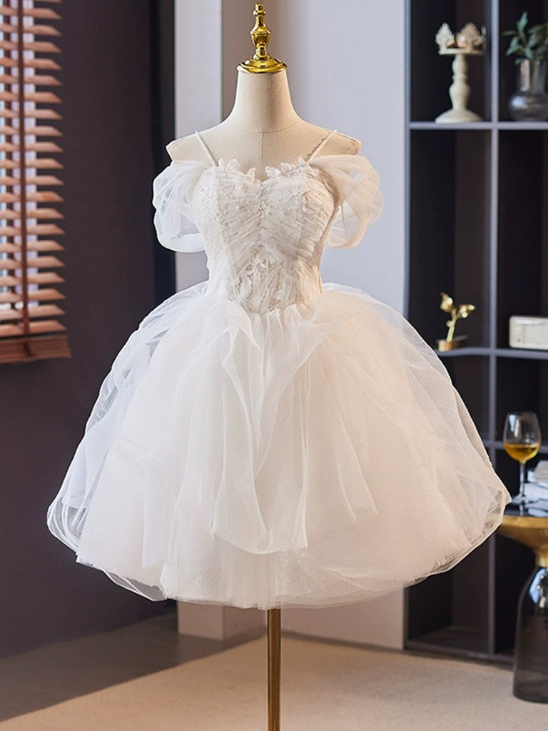 Off Shoulder Sweetheart Neck Tulle Lace White Short Prom Dress