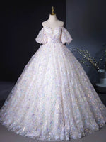 A-Line Puff Sleeves Sweetheart Neck Tulle Lace Light Purple Long Prom Dress