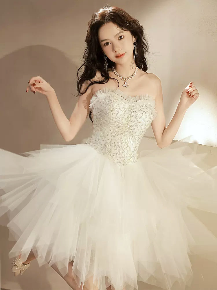 Beige Tulle Sequin Short Prom Dress, Beige Homecoming Dress
