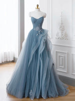 A-Line off Shoulder Tulle Lace Gray Blue Long Prom Dress, Blue Long Formal Dress