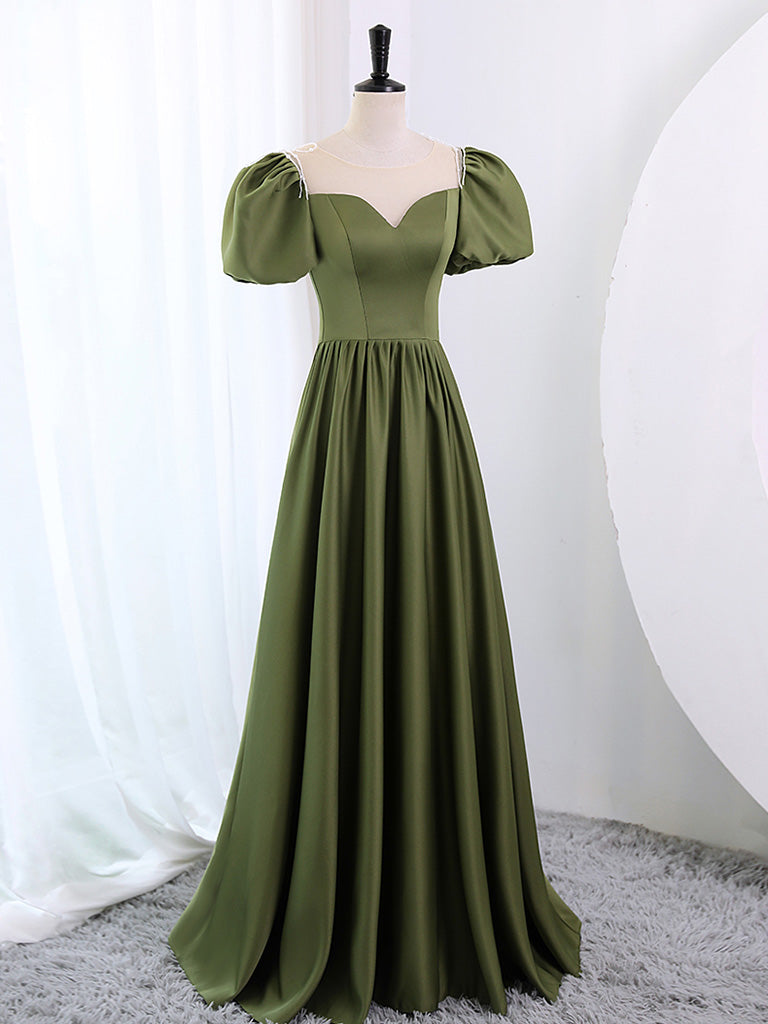 A-Line Scoop Neckline Puff Sleeves Satin Long Green Prom Dress, Green ... A-Line Scoop Neckline Puff Sleeves Satin Long Green Prom Dress, Green ...