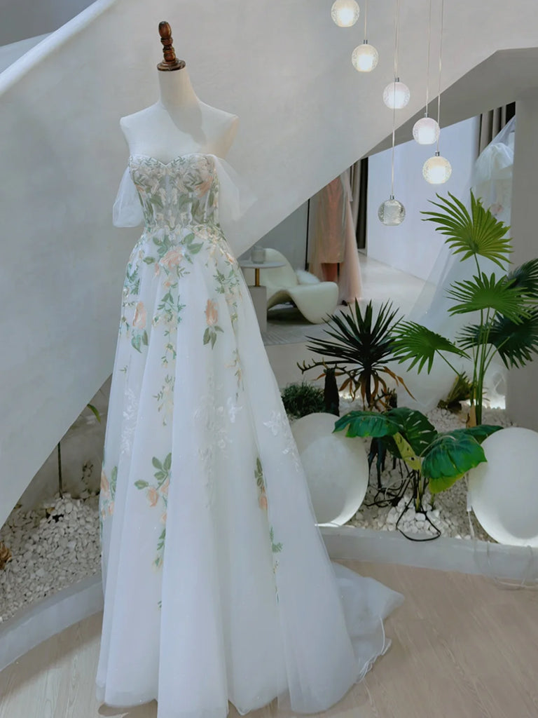With Floral Lace Floor Length Prom Dress, Beautiful Off the Shoulder A-Line Evening Party Dress US 14 / White With Floral Lace Floor Length Prom Dress, Beautiful Off the Shoulder A-Line Evening Party Dress US 14 / White