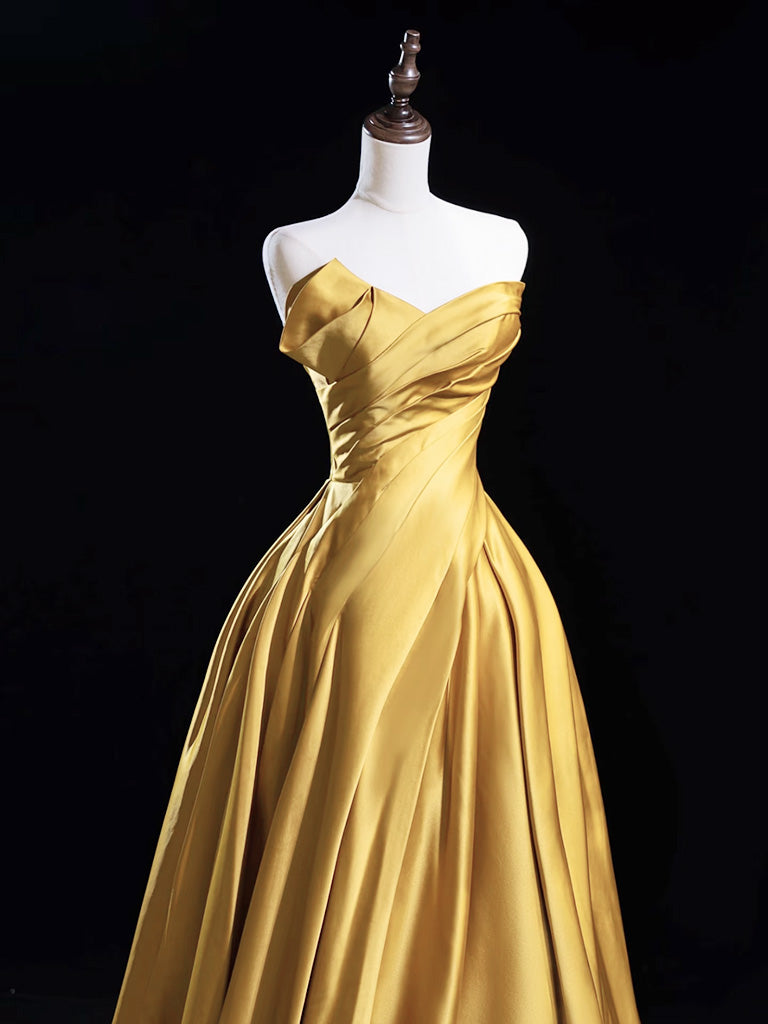 A-Line V Neck Satin Gold Long Prom Dress, Gold Long Formal Dress