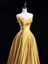 A-Line V Neck Satin Gold Long Prom Dress, Gold Long Formal Dress