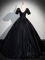 A-Line Short Sleeve Black Satin Long Prom Dress, Black Long Formal Dress