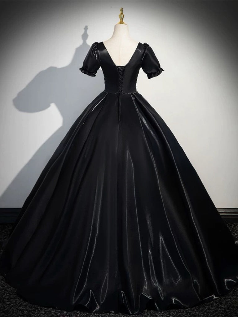 Black Satin Lace Long Prom Dress, Elegant A-Line Short Sleeve Evening Party Gown US 16 / Black Black Satin Lace Long Prom Dress, Elegant A-Line Short Sleeve Evening Party Gown US 16 / Black
