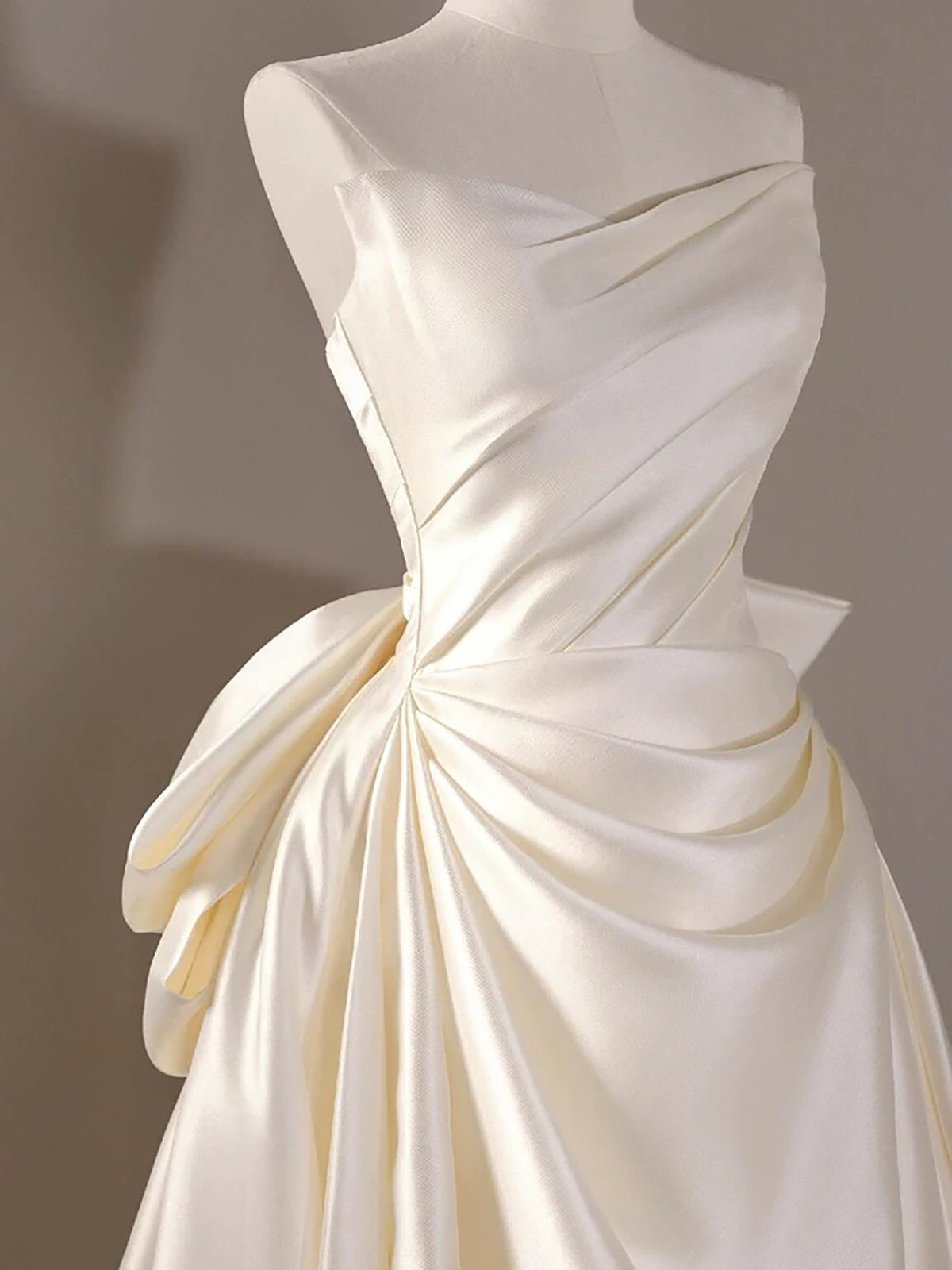A-Line V Neck Satin Sweep Train Light Champagne Prom Dress