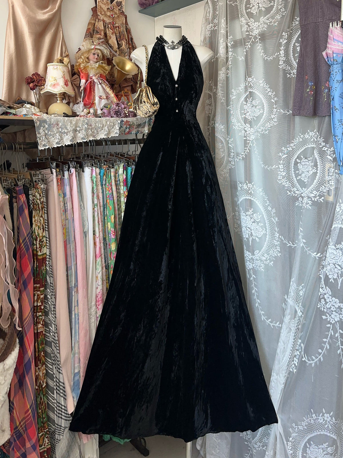 A-line v Neck Floor Length Black Long Prom Dress, Black Evening Dress