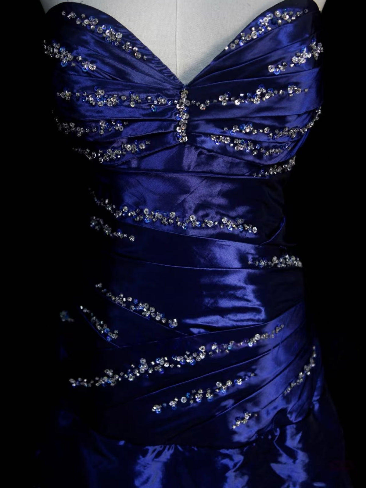 A-line Sweetheart Taffeta Retro Blue Long Prom Dress with Beads