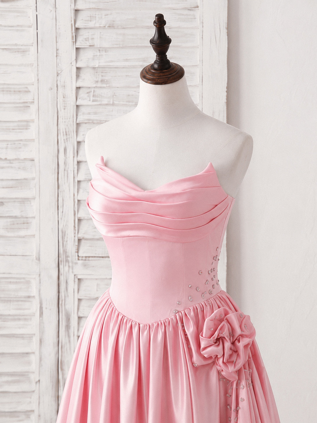A-line Satin Floor Length Pink Long Prom Dress with Flower Beads