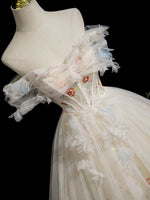 A-Line Sweetheart Neck Tulle Lace Light Champagne Long Prom Dress with Flower