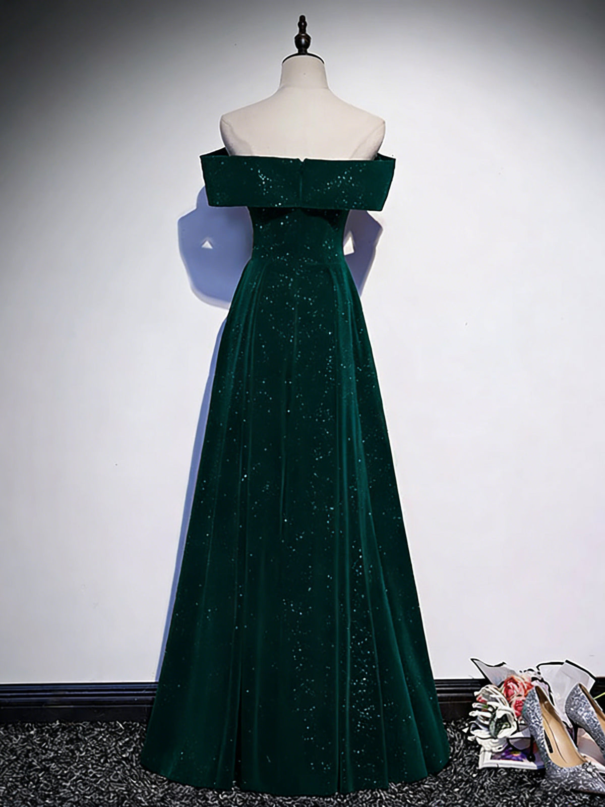 A-line Off Shoulder Velvet Floor Length Green Long Prom Dress